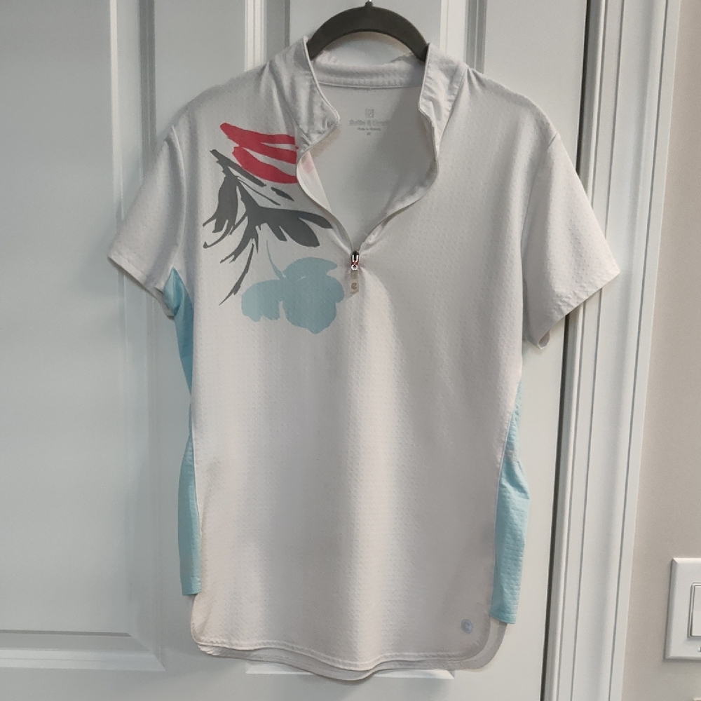 Bette And Court Soft Athletic White Blue Sports Short Sleeve Shirt W/Zipper M